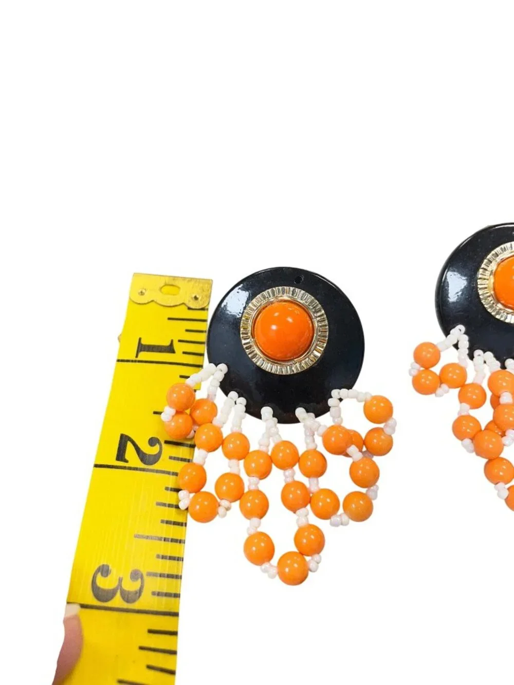 Vintage 80's wms orange black beaded fringe large clip on earrings SKU 10-727